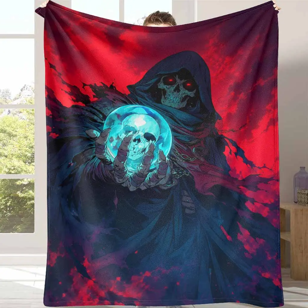 Dark Fantasy Hooded Skull Flannel Blanket Glowing Crystal Orb Gothic Cloak Print Soft Warm Lightweight Cozy Throw for Sofa Bed Dorm Reading Nook Halloween Party Gift