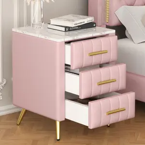 3 Drawers Nightstand with Metal Legs & Handles,Upholstered Nightstand with Faux Marble Top, Bedside Table Furniture, Velvet End Table for Bedroom, Living Room(Pink)