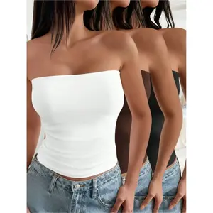 Women's Strapless Tube Top Set Comfortable Basic Solid Color, Versatile Three-Piece Bralette, Daily Wear, Casual Strapless Cropped