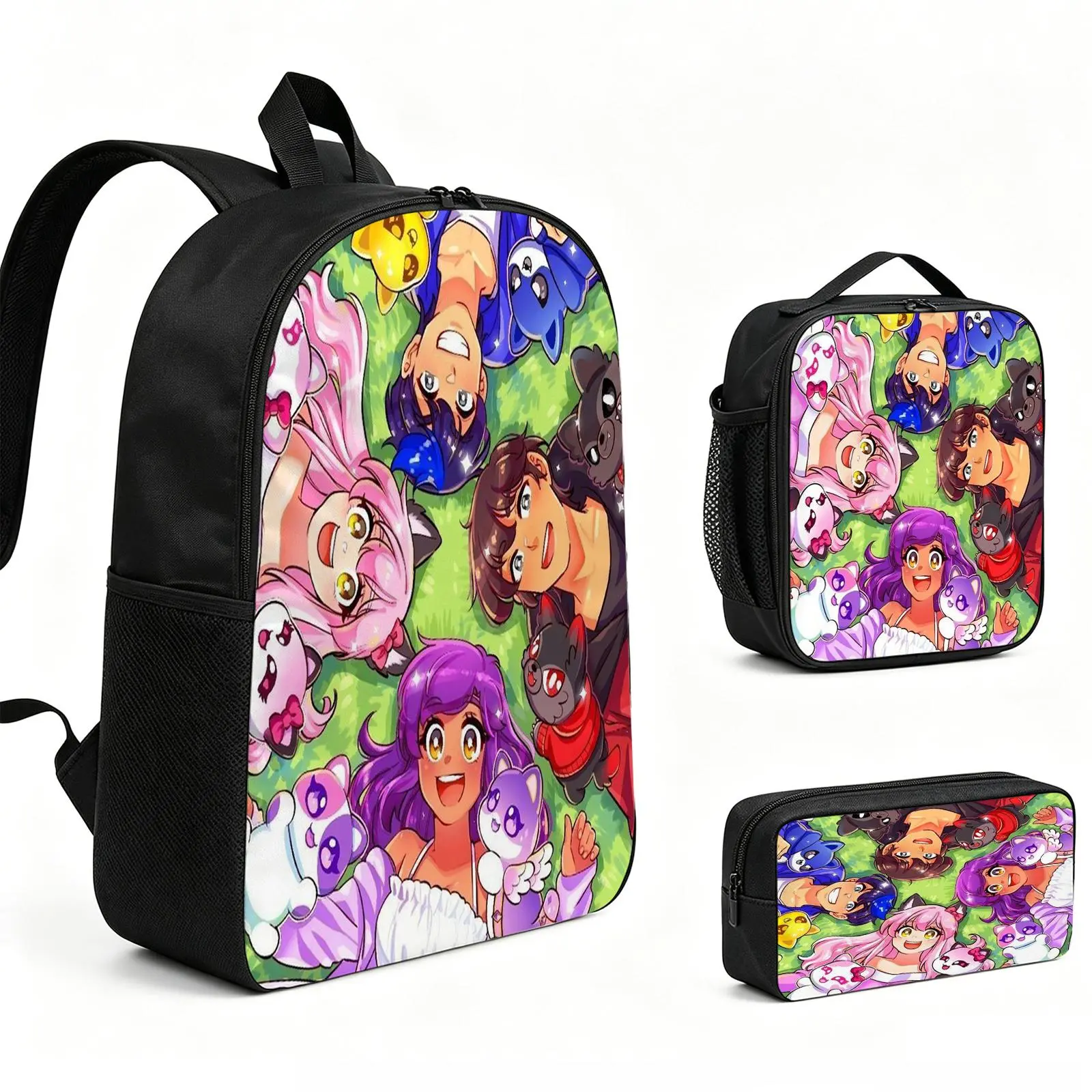 aphmau Backpack 3pcs Set with Vibrant Print, Durable School Bookbag with Insulated Lunch Tote and Pencil Bag for Teens Boys Girls, Multi-Functional Laptop Travel Daypack Gift for Kids L-180