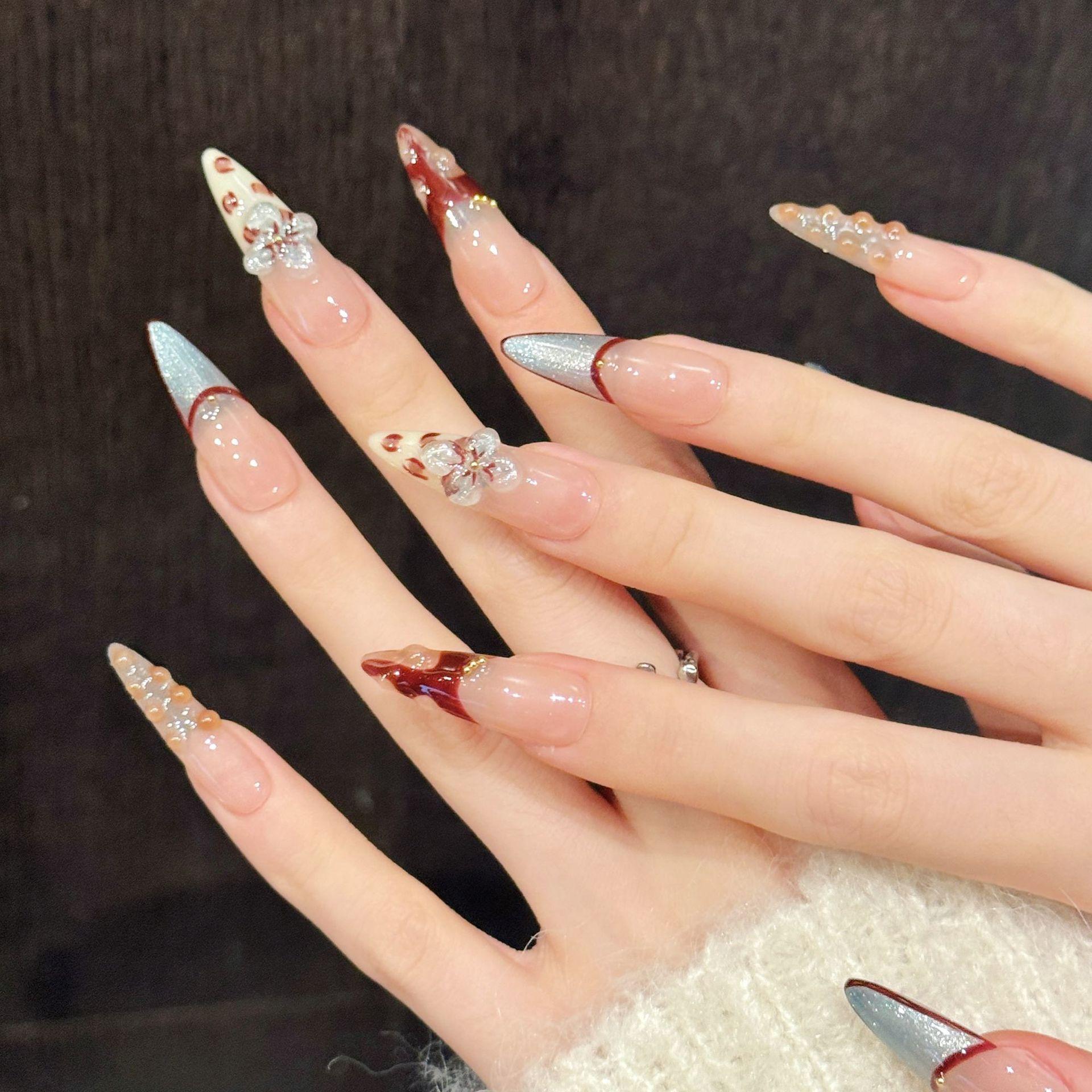 【Lucy UU】3 Styles Luxury Tropical 3D Floral Press On Nails Ocean Jellyfish Red French Silver Glitter Pink French Leopard Print Long Stiletto Shape Handmade Reusable Fake Nail For Women