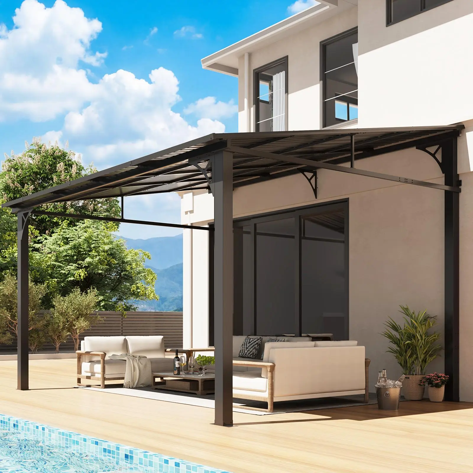 Aoxun Wall-Mount Lean-To Hardtop Gazebo (10'x12/10'x14, Black) - Upgraded Galvanized Steel Sloped Roof, Heavy-Duty Waterproof Rustproof Pergola Awning with Sun Protection, Anchors, Windproof Stable Design for Patio, Backyard