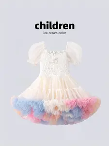 Girls' Elegant Ruffled Tulle Overlay Dress, Square Neckline Design, Fitted Style Suitable for All Seasons, Perfect for Parties & Special Occasions, Tulle Strap Dress