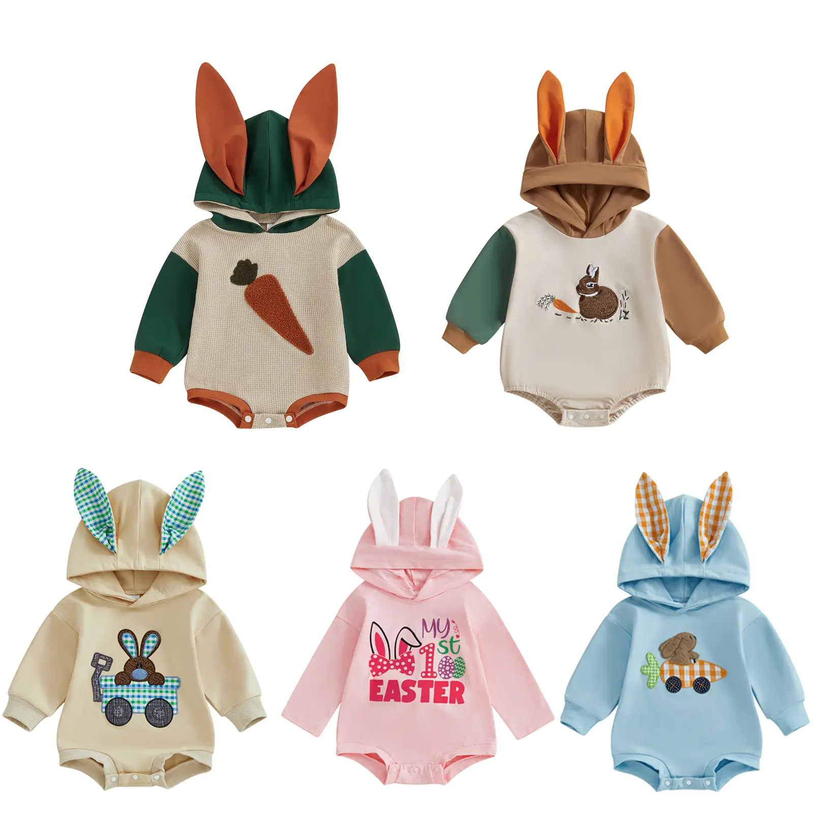 Newborn Baby Boy Girl Easter Outfit Bunny Ear Hoodie Romper Carrot Embroidery Long Sleeve Jumpsuit Infant Spring Clothes #Springtok