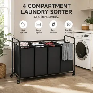 SUOERNUO 4 Bag Laundry Basket Sorter Laundry Hamper Cart with Heavy Duty Rolling Lockable Wheels and Removable Bags Organiser