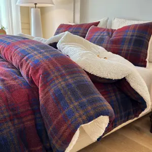 Plaid Sherpa Comforter Set 3 count  Warm Fleece Down Alternative, Red Blue Grid  Bedding Set with 2 Pillowcases,  Size 90"x90"
