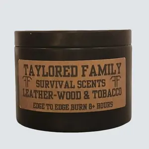 Leather-Wood and Tob. Taylored Family Survival Scents Hand-Poured 90% Beeswax 10% Coconut Oil Blend Woody Aged Leather Smoky Wood Earthy Spice 2.7 oz Altoid Tin 8-10 hrs Burn Time