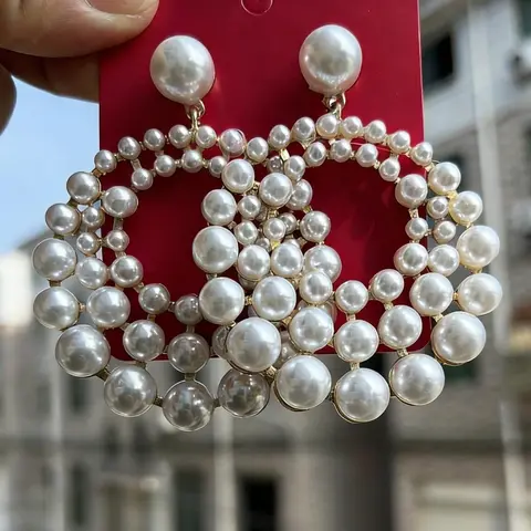 Elegant Geometric Hollow Out Drop Earrings, Vintage Exaggerated Artificial Pearl Design, Perfect for Weddings, Engagements, Parties, Unique Design Earrings