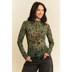 Davi & Dani Floral Mesh Long Sleeve Sheer Layering Top
