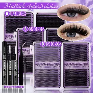 9–16mm DIY Lash Cluster Set, Individual Lash Clusters, Individual False Eyelash, 640-Piece Ultra-Soft Wispy Volume, Tapered Cat-Eye 10D–100D Mixed Density with Glue & Tweezers, Prefer for Daily, Date Makeup