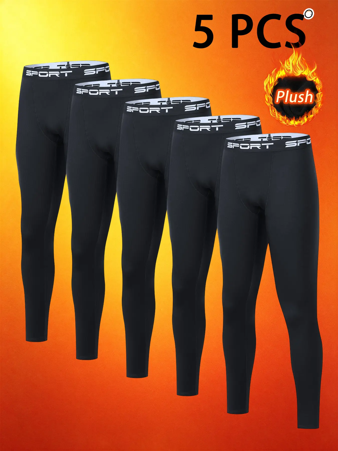 Men's Plain Fleece-Lined Compression Thermal Pants - 5-Piece Activewear Warm Base Layer Long Leg Men's Thermal Bottoms for Winter Running, Hiking, Home Use