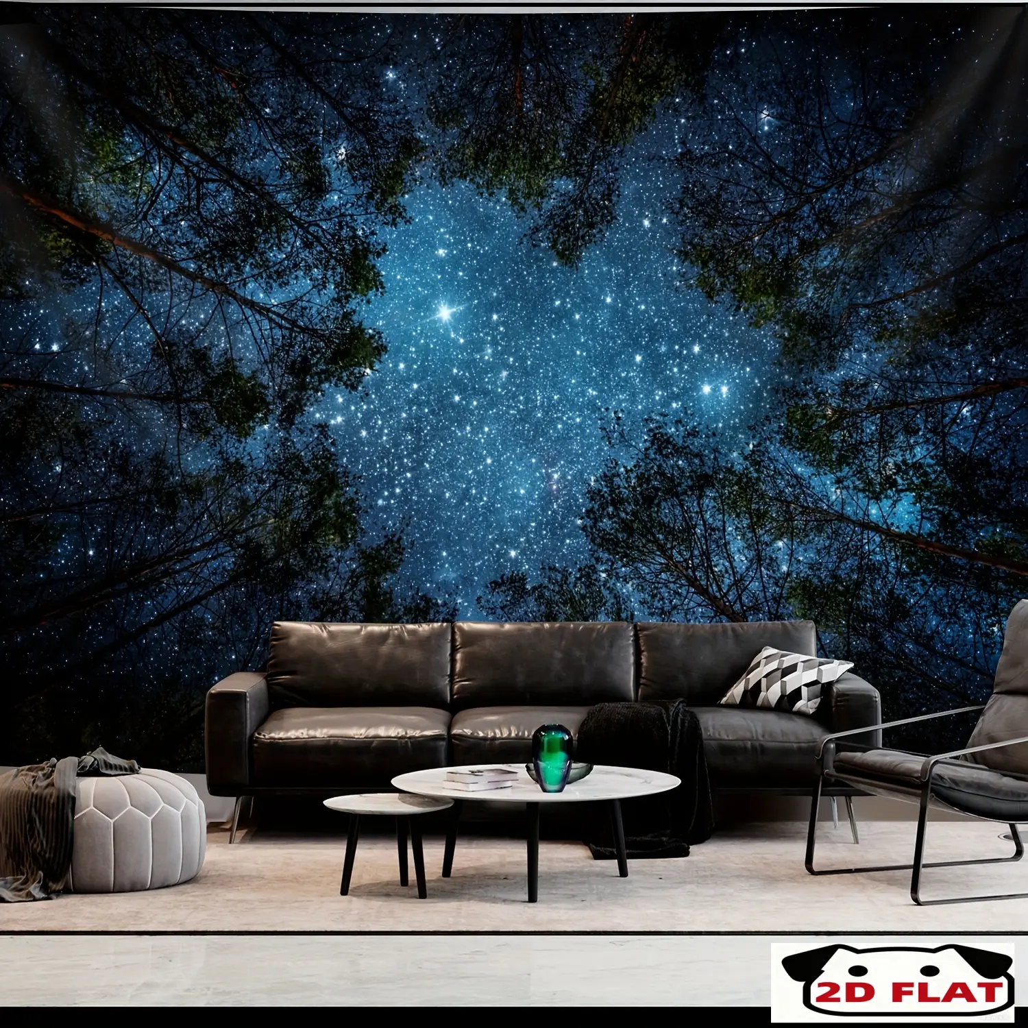 Extra Large 2D Flat Wall Hanging Tapestry (1 Piece) - Deep Blue & Turquoise Starry Night Forest Landscape, Hanging Clips Included, Peel-and-Stick, No Installation Needed - Home Decor for Living Room, Wedding