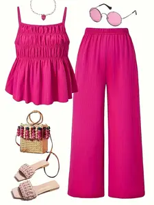 Casual Wrinkled Texture Halter Top & Wide Leg Pants Set, Womenswear 2 Piece for Daily Wear, Vacation, Sister Photos, Spring Summer Clothing