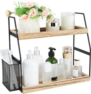 2-Tier Farmhouse Coffee Bar Organizer, Wood & Metal Countertop Shelf for Kitchen & Bathroom, Rustic Display Tray for Mugs Wooden Decor