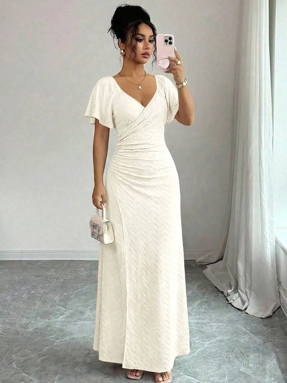 Women's Light Purple V-Neck Ruffle Sleeve Pleated Waist Split Dress, Elegant Bridesmaid Dress, Party Gown, Spring/Summer