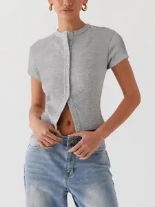 Women's Solid Ribbed Sports Polo Shirt, Casual Short Sleeve Collared Top for Club & Streetwear, Ladies Sportswear for Indoor Outdoor Wear, Casual Sporty Top