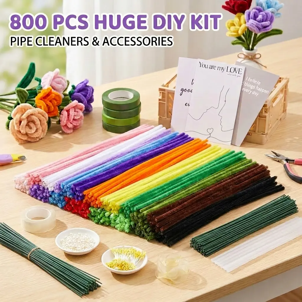 800PCS DIY Pipe Cleaners Flower Bouquet Kit with Floral Tape, Glue, Wrapping Paper, Chenille Stems – Craft Kit for Beginners, Handmade Gifts, DIY Floral Decorations, Diy Floral Decoration Diy Products Diy Ornament pipe cleaner