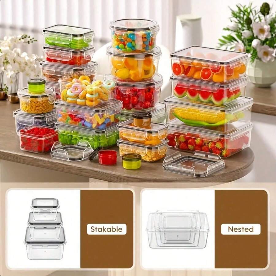 GHQ 40-Piece Set With Airtight Lids Lunchbox Combo, Food Storage Containers, Leak-Proof Leftovers Container, Stackable Freezer/Microwave/Dishwasher Lunchboxes (20 Rectangular + Round + 20 Lids)