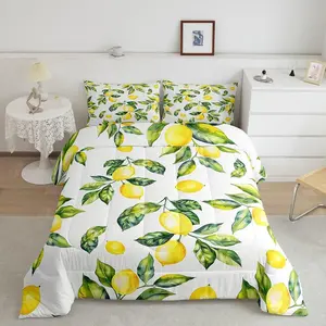 Feelyou Microfiber Duvet Set, Matching Bedding with Lemon Botanical Pattern Comforter, Breathable Cozy Machine Washable Blanket, Yellow-Green Soft Bedding for Teens