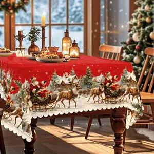 Christmas Tablecloth - Santa Claus Reindeer Skiing in Snow Scene - Vintage Red and Green Holiday Table Decor - Durable Polyester Fabric  for Rectangular, Round, Oval Tables - Indoor Outdoor Party Decor - Easy-to-Clean Christmas Table Mat, Decoration