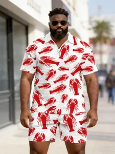 Men's Lobster All-Over Print Waffle Texture Polo Set, Plus Size Zipper Top, Summer Casual Loose-Fit Two-Piece Outfit