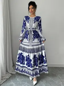 Women's Floral Print Belted A-shaped Long-sleeved Dress Elegant Fashion Casual Slim-fitting Round Neck Long Dress for Spring Autumn Daily Outdoor Wear