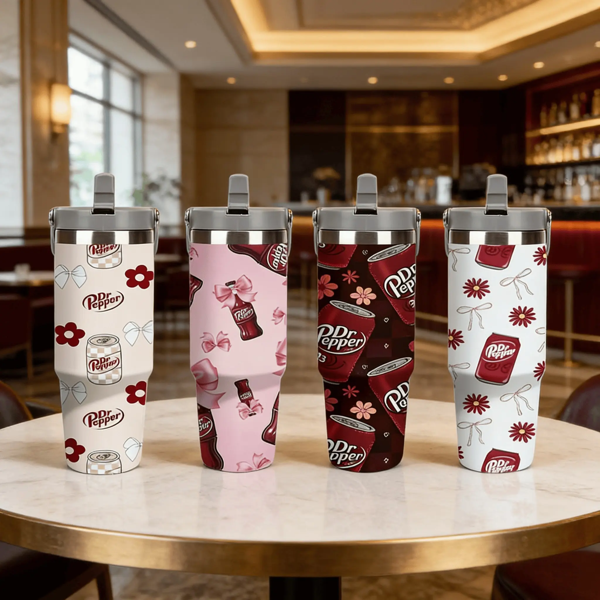 1pc Dr Pepper Themed Insulated Bottle, Multiple patterns available,Large 30oz-ounce stainless steel insulated travel cup with a straw and handle,suitable for both hot and cold drink,Fun Soda Enthusiast,Outdoor camping usage