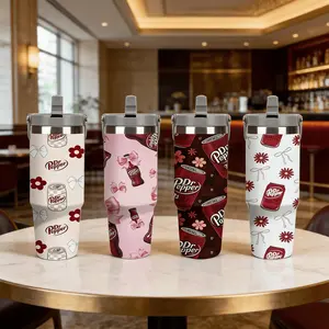 1pc Dr Pepper Themed Insulated Bottle, Multiple patterns available,Large 30oz-ounce stainless steel insulated travel cup with a straw and handle,suitable for both hot and cold drink,Fun Soda Enthusiast,Outdoor camping usage