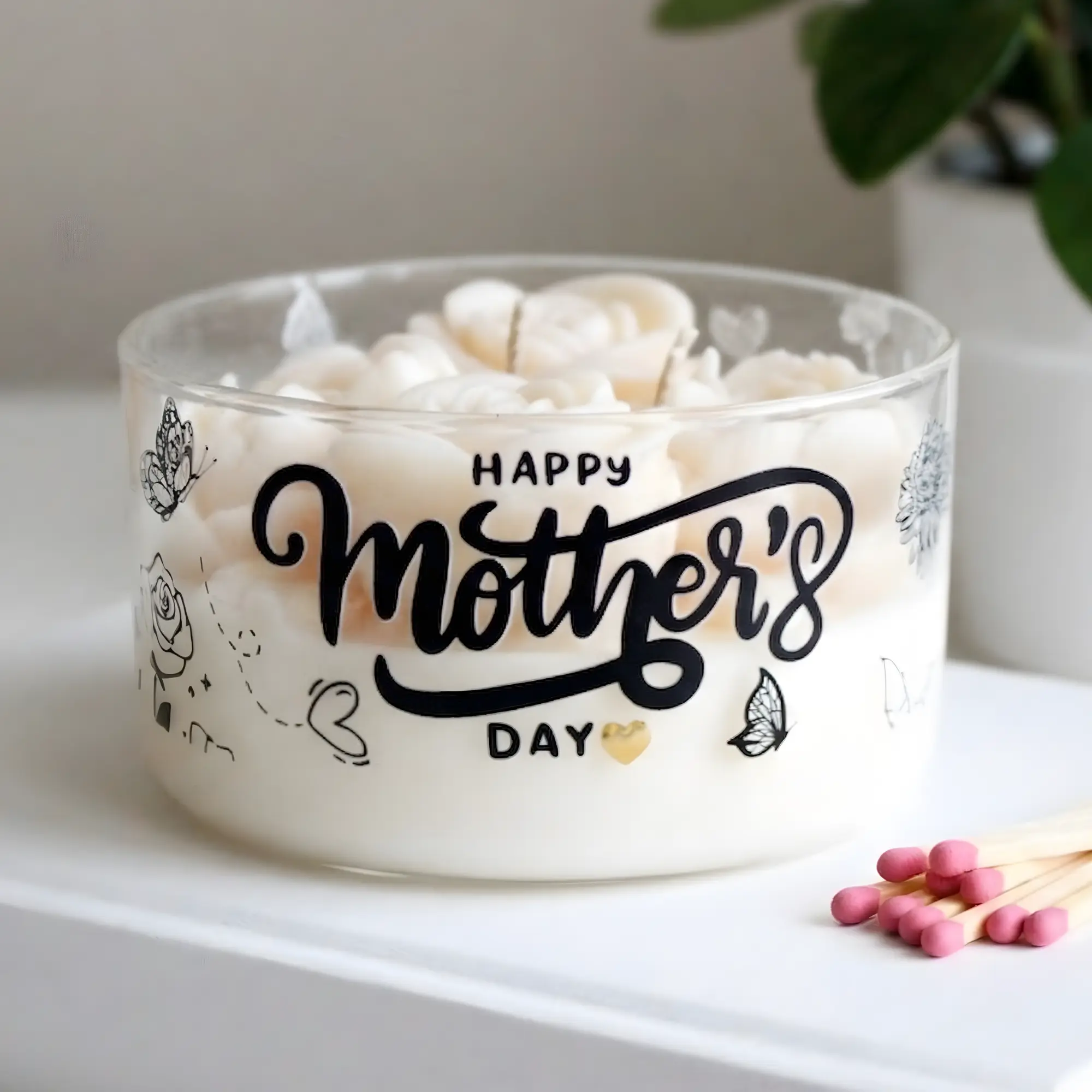 Handmade Rose Flower Candle for Mother’s Day - Aesthetic Floral Soy Wax Candle in Illustrated Glass Jar - Unique Gift for Her, Mom, or Grandma - Cottagecore Home Decor