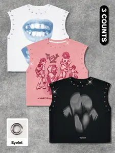 Men's 3-piece sleeveless T-shirt set, featuring unique eyelet details, a cropped, loose fit that accentuates muscle definition, suitable for everyday wear, durable and with a retro print, a top choice for fashion enthusiasts.