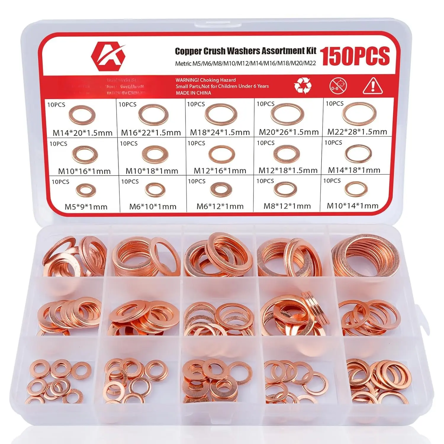 150 count Copper Sealing Washers M22 M20 M18 M16 M14 M12 M10 M8 M6 M5 15 Size Crush Washers  Kit (Copper)