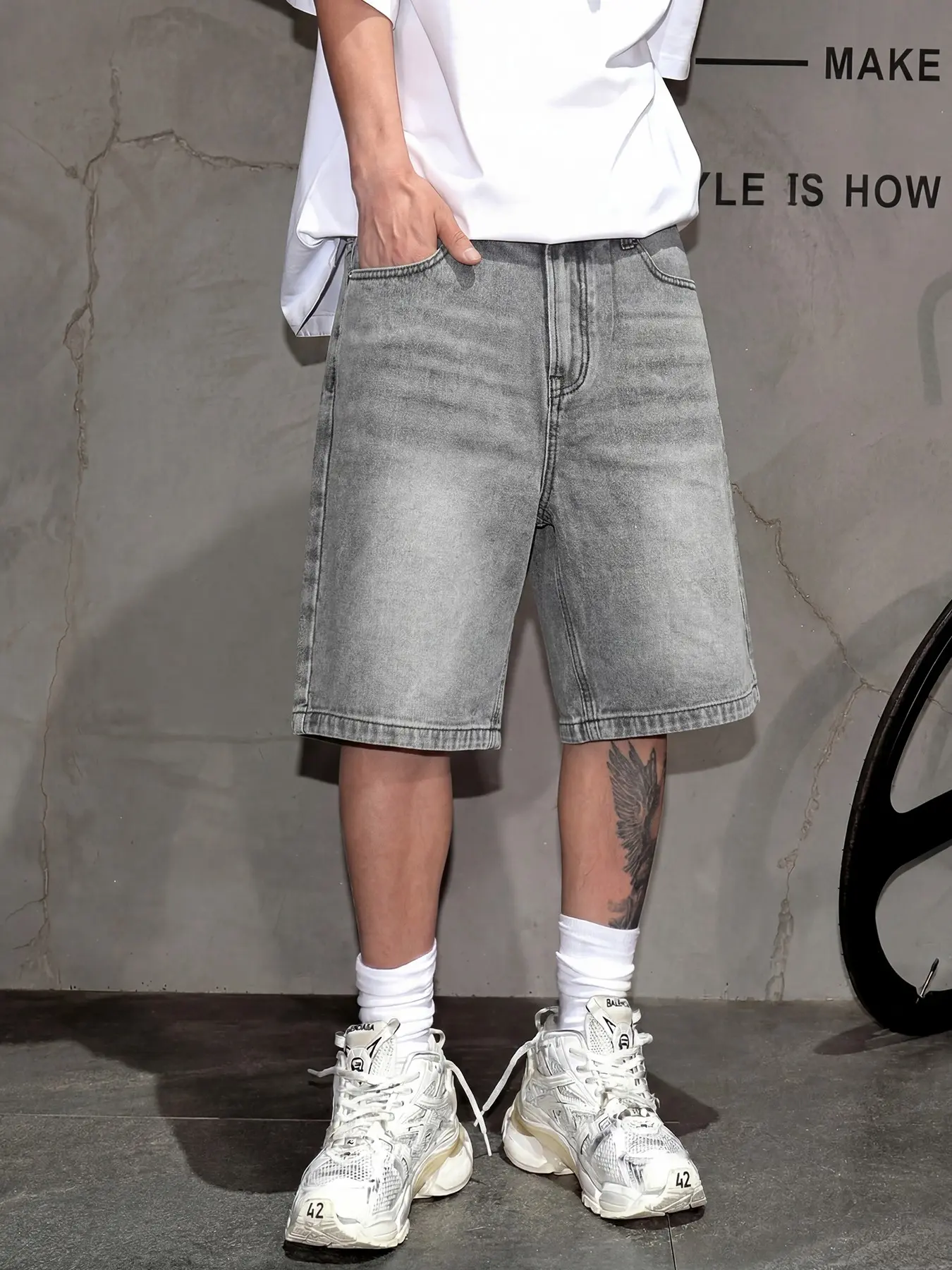 Men's Casual Loose Fit Wide Leg Denim Shorts, Loose Fitting Jeans, All Seasons Street Style, Plain Color, Pocket Design, Fashionable Jeans Distressed for Daily Wear, Jean Jorts
