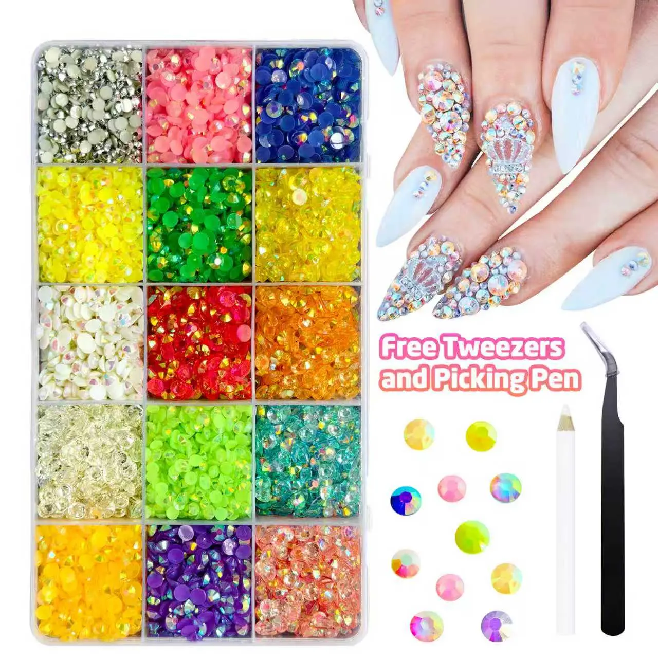 Nail Charms Nail Art Rhinestones 15colors 3D Resin Rhinestones for Bedazzling Multicolor Crystal for Nail Art Crafting Makeup Book Shoes Crafts Free Pickup Pencil and Tweezer