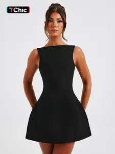 Women's Solid Backless Boat Neck Tank A-line Dress, Street Fashion Casual Sleeveless Short Dress for Daily Outdoor Wear, Ladies Dress for Summer, Teacup Dress