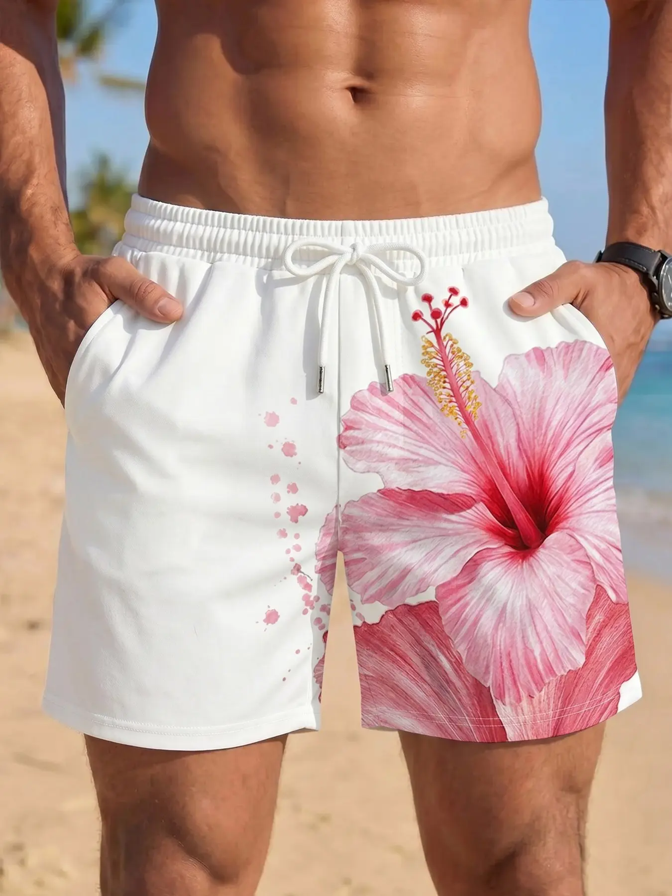 Men's Hibiscus Flower Print Casual Beach Shorts, Y2K Streetwear Vintage Hawaiian Vacation Shorts, Summer Loose Fit Swim Shorts, Summer Swim Trunks, For Daily Wear, Beach, Vacation, Men's Retro Streetwear, Swimwear Shorts