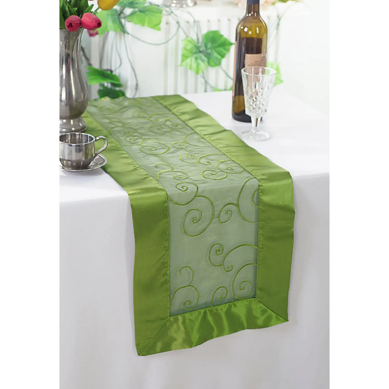 12.75"x108" Embroidered Organza Table Runner - Moss Green/Olive Green (1pc)