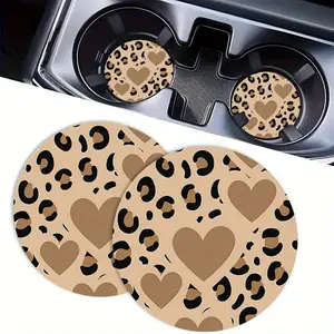 2pcs Heart-Shaped Leopard Print Car Coasters - 2.75-Inch Round Decorative Car Cup Holders, & Animal Print Design