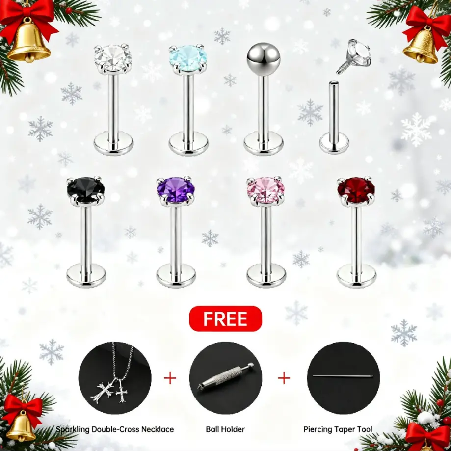 4PCS Titanium Flat Back Nose Studs Set | Internally Threaded Gem Tops | Hypoallergenic | Multiple Colors | Includes Free Gifts | For Tragus, Labret, Cartilage, Lip, Medusa, Conch & Other Body Piercings | Women & Men | Everyday Wear | Cubic Zirconia