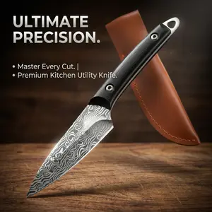 Multi-Functional Kitchen Knife with Leather Sheath, Heavy-Duty Damascus Steel, Ergonomic Handle, Ideal for Cutting, Cooking, Slicing, and Picnics, Cooking Knives
