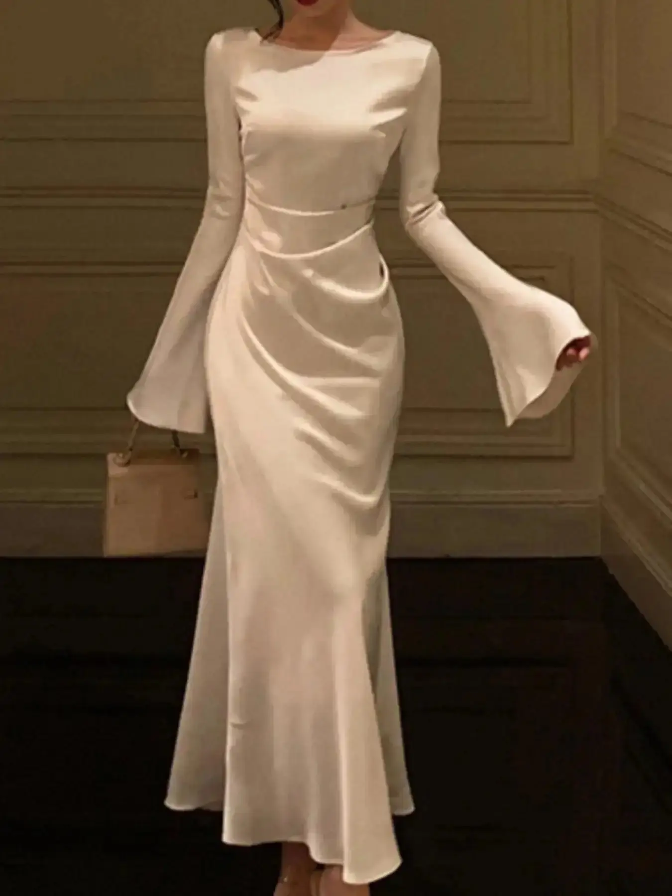 Elegant Mermaid Long Dress for Women Bell Sleeve Boat Neck Evening Gown Soft Fabric Midi Perfect Special Occasions versatile style seasonal musthave party essential summer staple wardrobe essential timeless piece