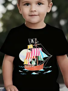 Boys' Summer Breathable & Comfortable "Sailboat" Cartoon Print (3-12Y) Casual Sports T-Shirt