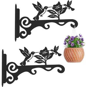 2 Pack Elegant Bird Pattern Wall Hooks - 10/12/14 Inch Metal Plant Hangers for Indoor & Outdoor - Rust-Resistant Bracket for Plants, Feeders, Chimes, Lanterns (Black-2Pack, 10 inch)