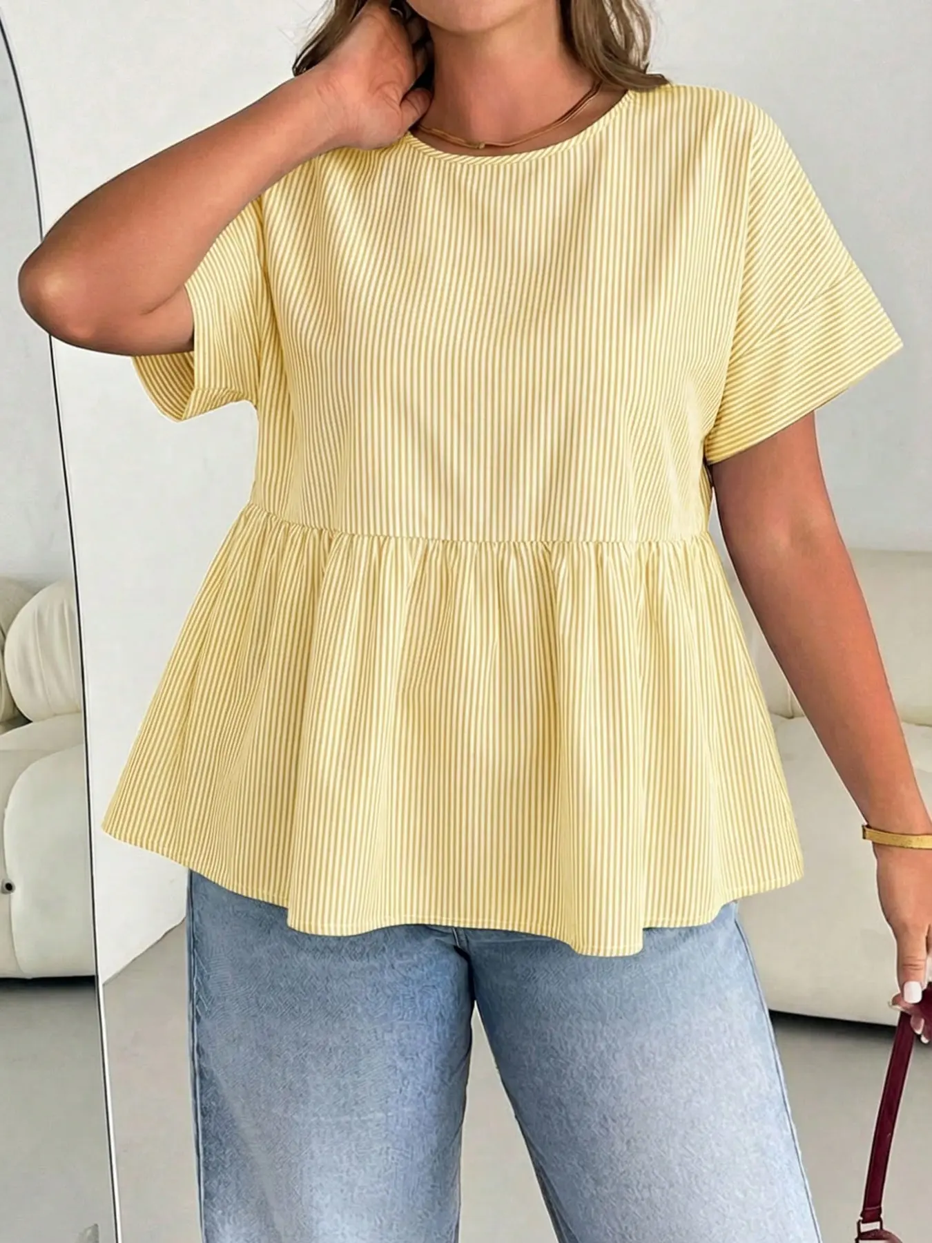 Plus Size Oversize Solid Striped Ruffle Top, Loose Fit Women's Round Neck Short Sleeve Shirt Blouse, Perfect for Daily Wear, Fashionable, Casual, Aesthetic and Versatile, Ruffled Everyday, Bohemian Casual Top, Boho Bohemian Blouse