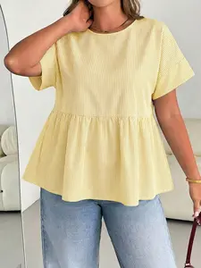 Plus Size Solid Striped Ruffle Top, Loose Fit Women's Round Neck Short Sleeve Shirt Blouse, Perfect for Daily Wear, Fashionable, Aesthetic and Versatile, Ruffled Everyday