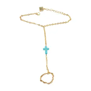 Women Fashion Jewelry Gold Metal Hand Chain Bracelet Turquoise Blue Cross Ring Connected