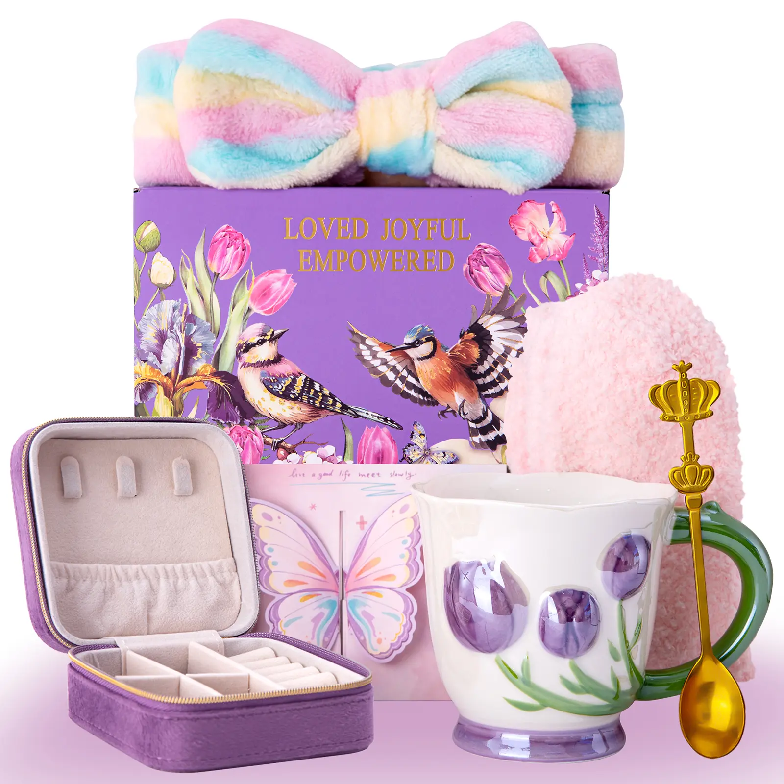 7-Piece Surprise Tulip Themed Mom Gift Set - 18Oz Ceramic Garden Mug, Headband, Socks, Card, Classy Floral Tulips Velvet Jewelry Box for Mother’s Day, Birthday