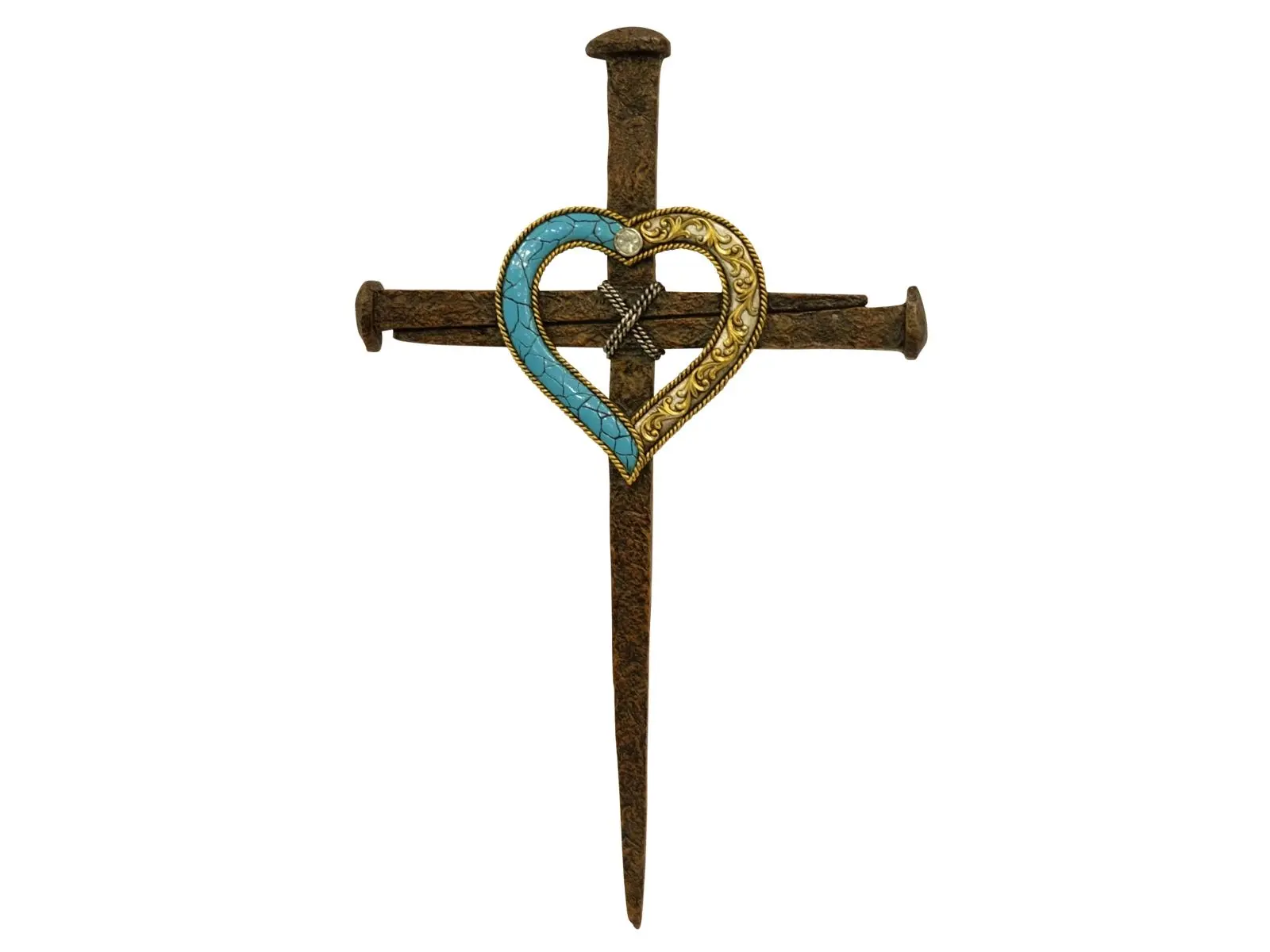 De Leon Collections 13598 Lightweight Unisex Religious Hanging Resin Nail Wall Cross Decor with Turquoise, Gold Heart Accent – Ideal for Gifts