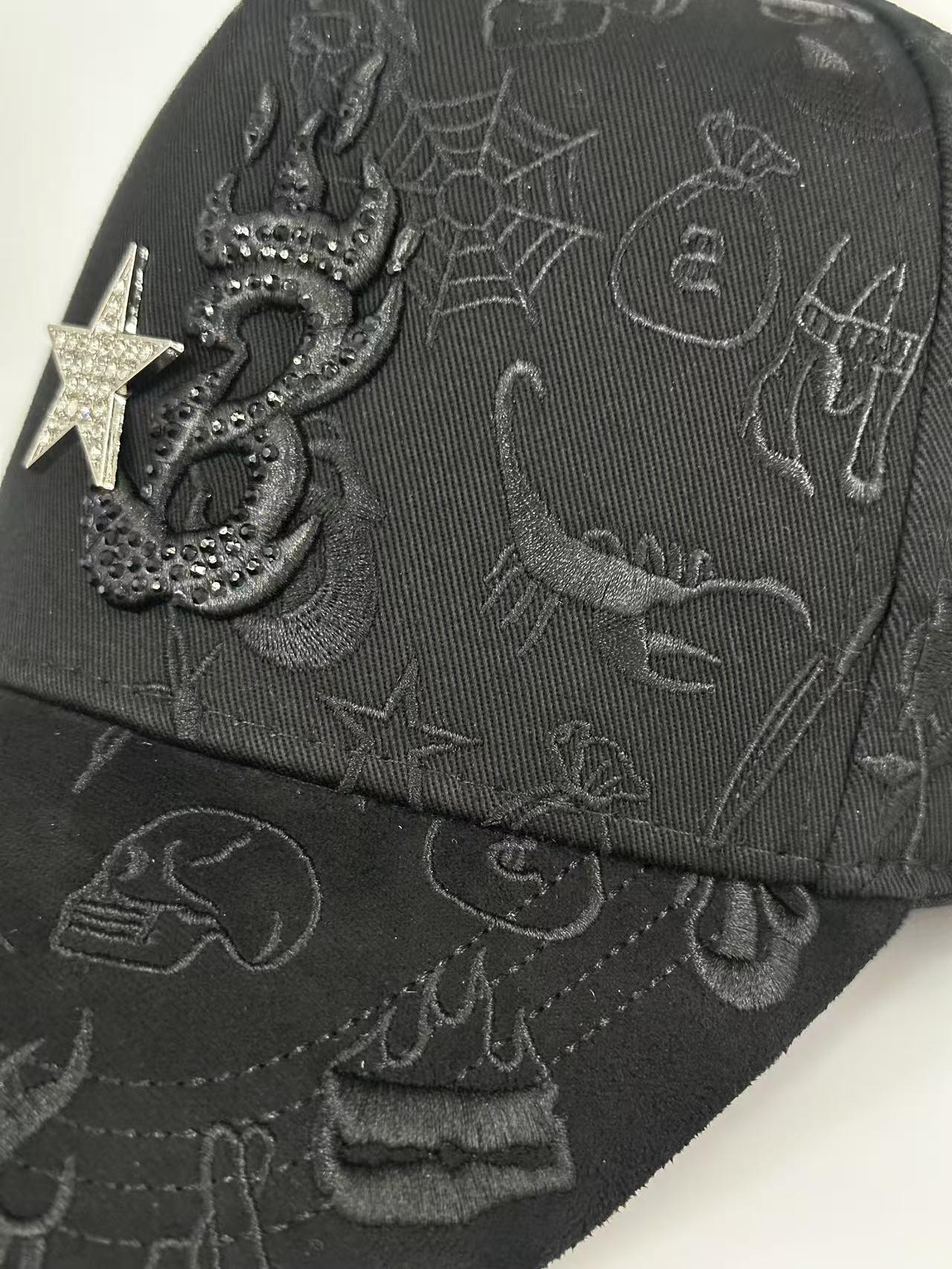 Street Fashion Hip Hop Snapback Hat, Rhinestone Embroidered Gothic Baseball Cap, Adjustable Y2K Streetwear for Men