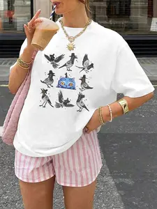 Women's Derpy Tiger & Sussie Bird Print T-Shirt, Casual Fitted Short Sleeve Round Neck Top, Summer & Spring Fashion Tee