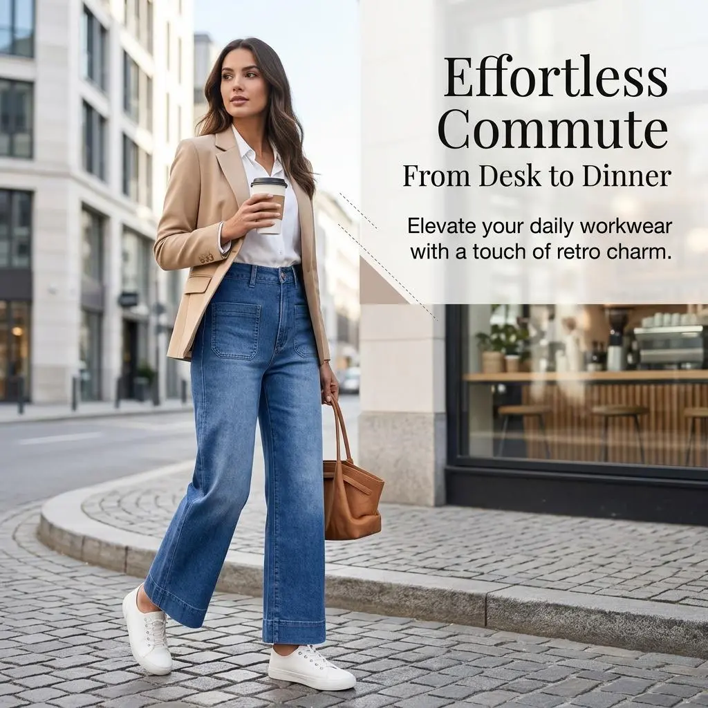 Women's High-Waisted Vintage Washed Cuffed Cropped Cargo Denim Jeans - Front & Back Patch Pockets, Figure-Fitting, Hip-Flattering, All-Seasons Bottoms for Daily Commute & Workwear
